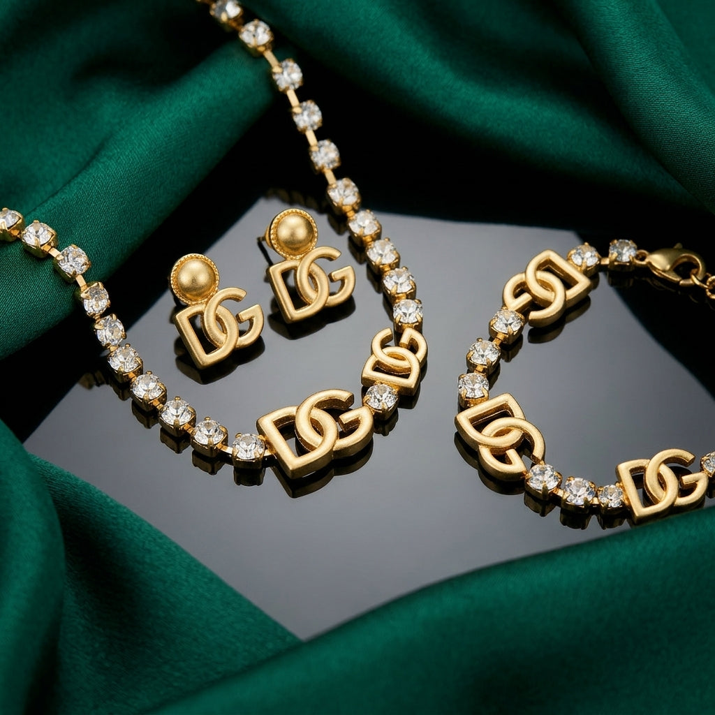 D&G Gold-Tone Crystal Tennis Chain Jewelry Set – 3 Pieces