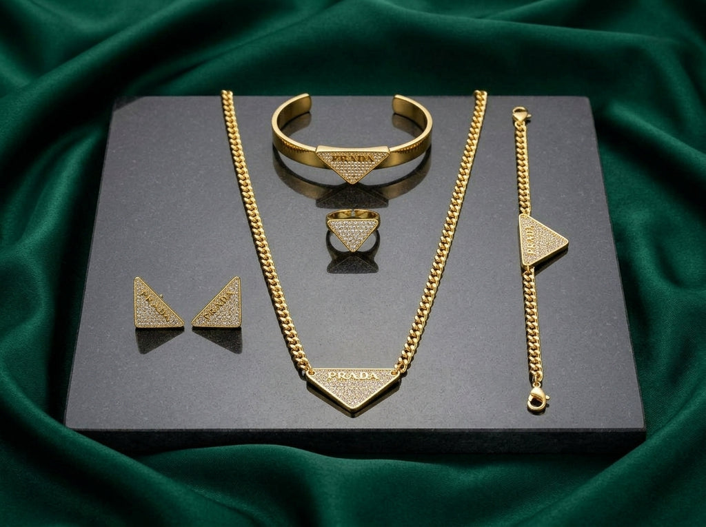 Prada Gold-Tone Crystal Pavé Triangle Jewelry Set – 4 Pieces