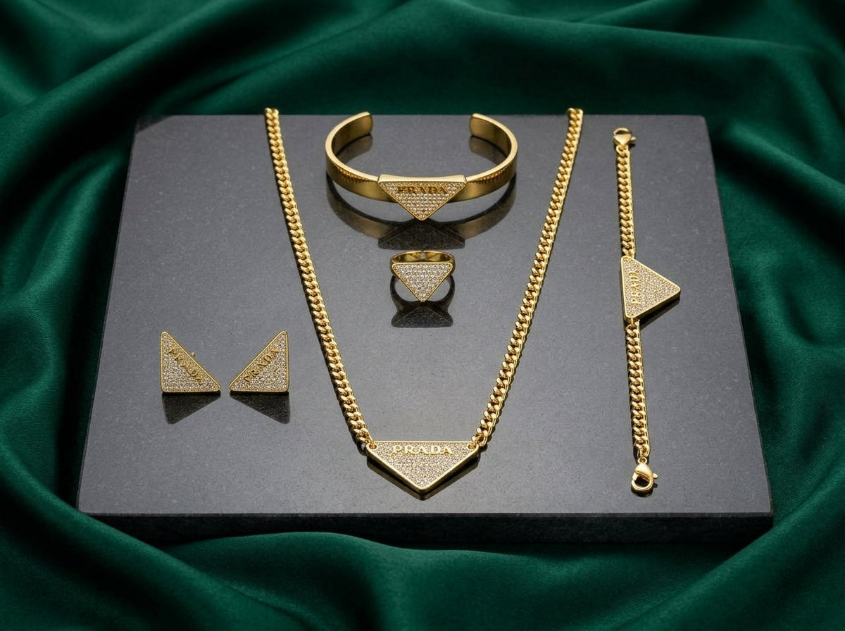 Prada Gold-Tone Crystal Pavé Triangle Jewelry Set – 4 Pieces