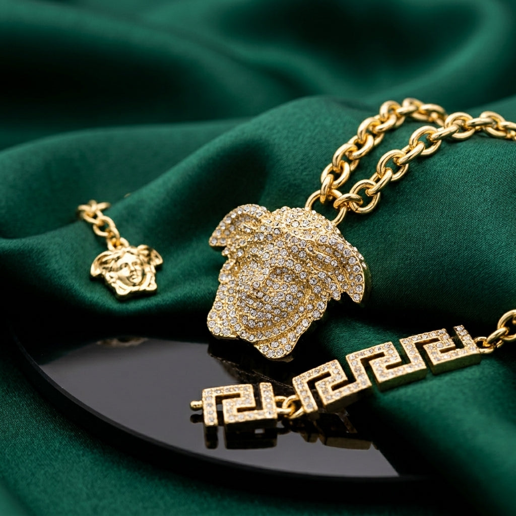Versace Gold-Tone Crystal Mythical Face Pendant Jewelry Set – 2 Pieces