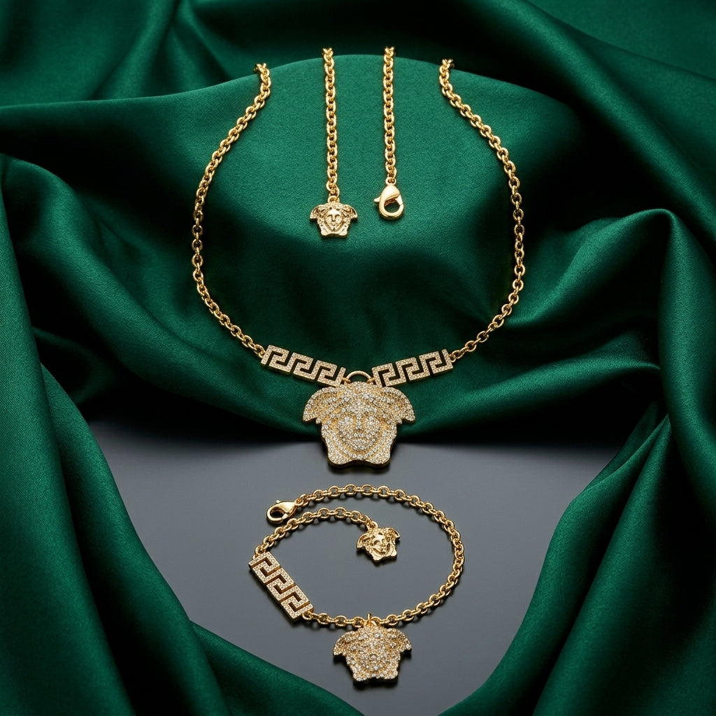 Versace Gold-Tone Crystal Mythical Face Pendant Jewelry Set – 2 Pieces