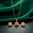 Elegant Gold-Tone Pink Crystal Pendant &amp; Earring Set