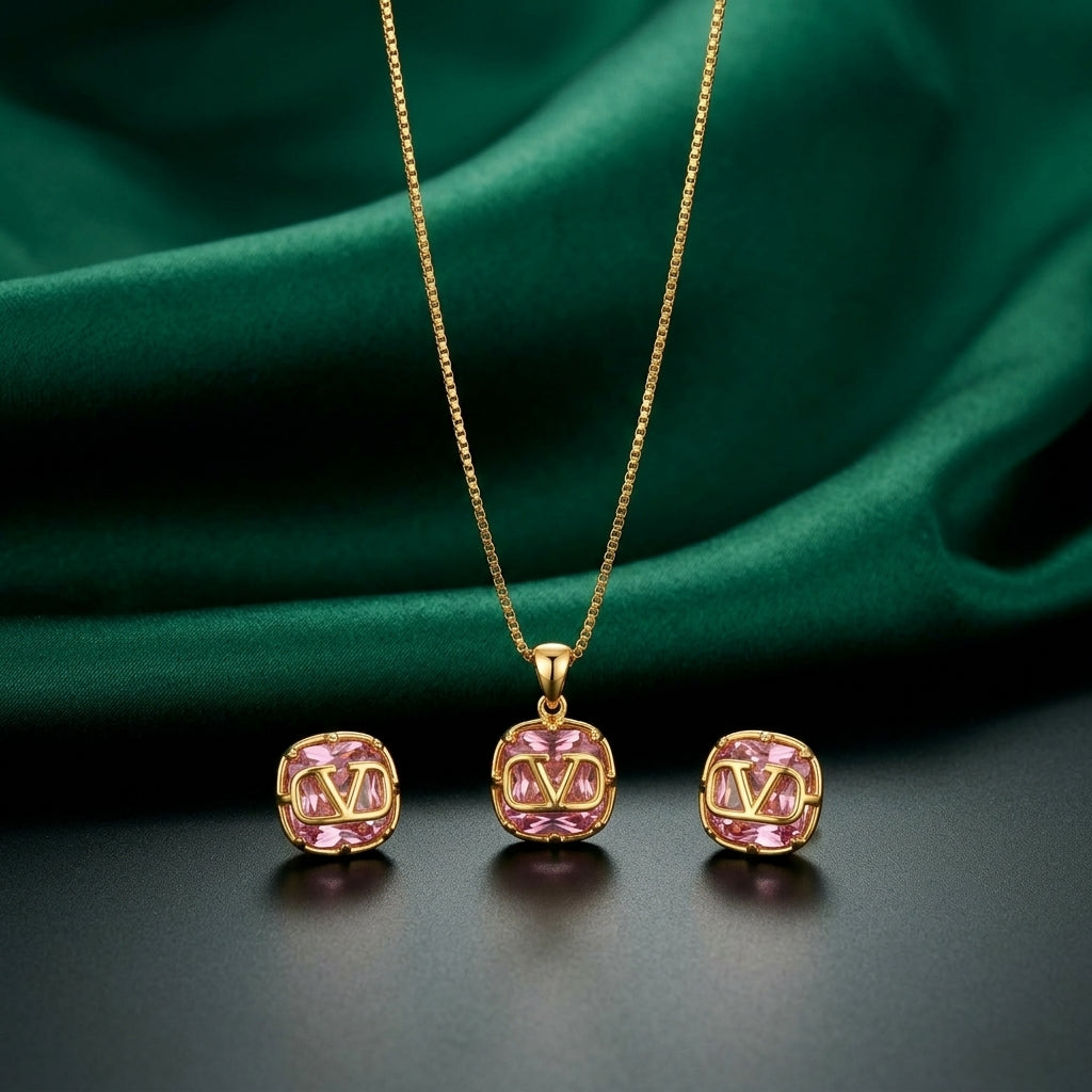 Elegant Gold-Tone Pink Crystal Pendant &amp; Earring Set