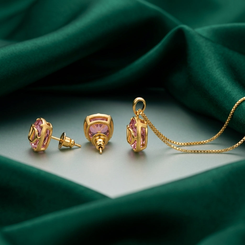 Elegant Gold-Tone Pink Crystal Pendant &amp; Earring Set