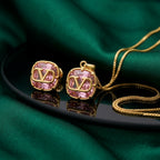 Elegant Gold-Tone Pink Crystal Pendant &amp; Earring Set