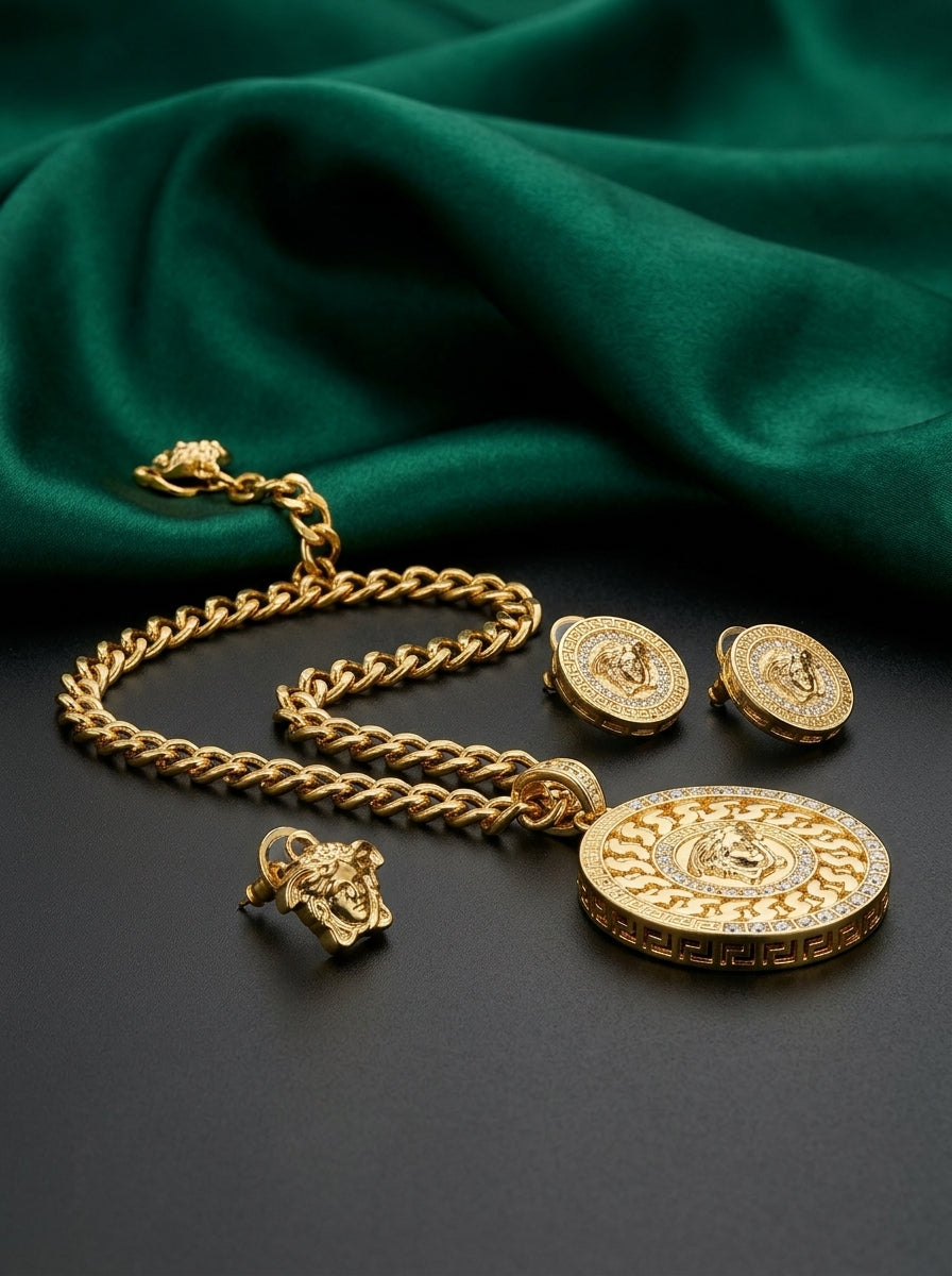 Statement Gold-Tone Medallion Necklace &amp; Earring Set
