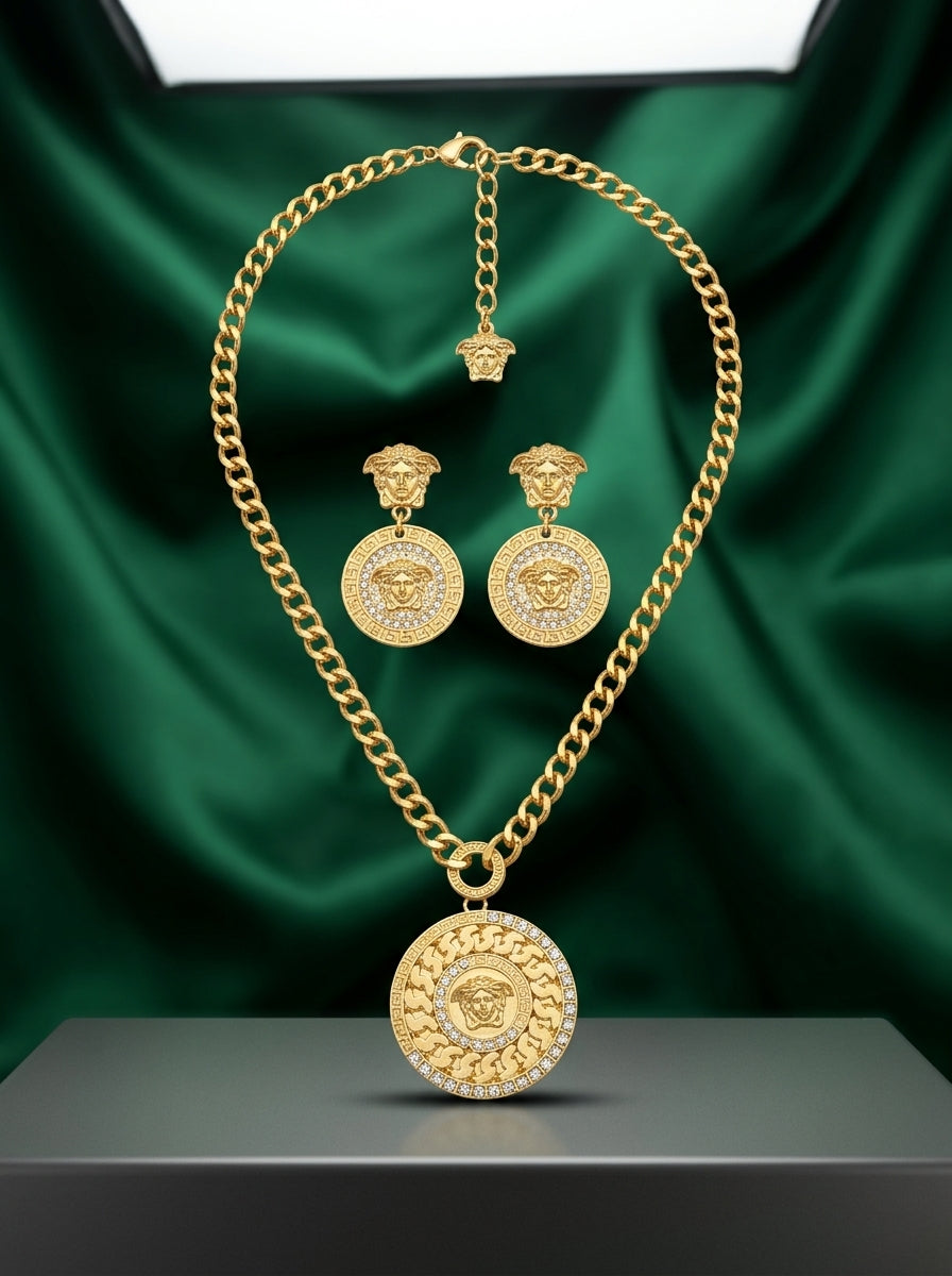 Statement Gold-Tone Medallion Necklace &amp; Earring Set