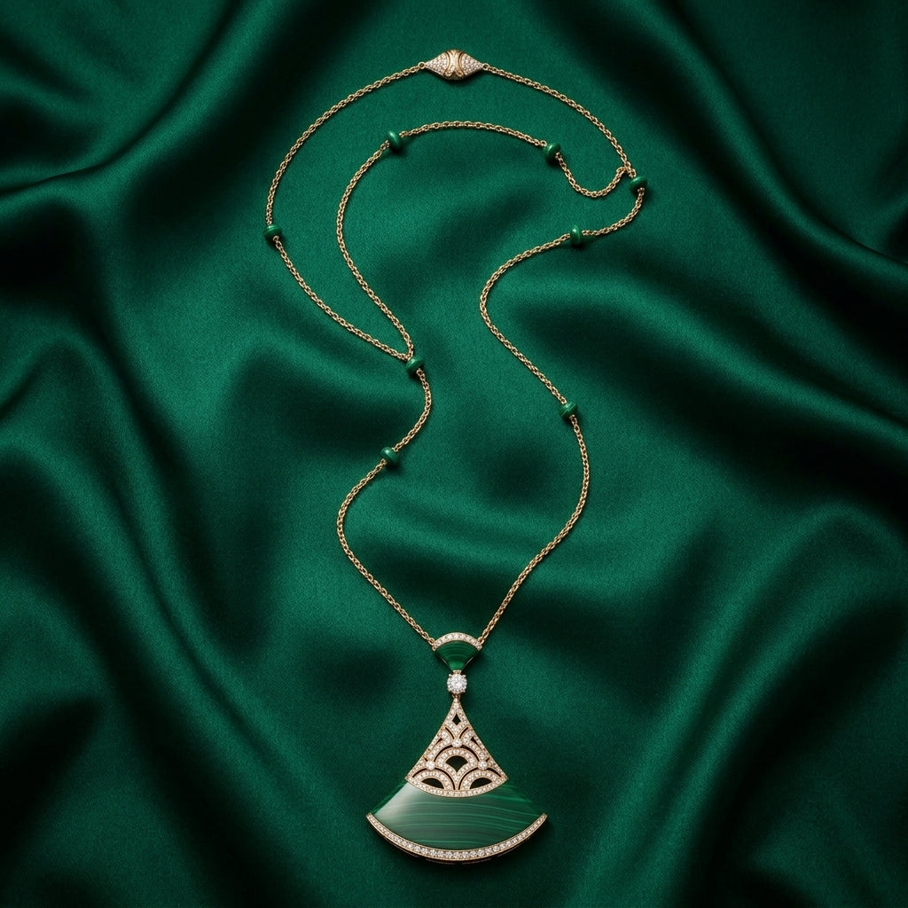 Gold-Tone Malachite Fan Pendant Necklace