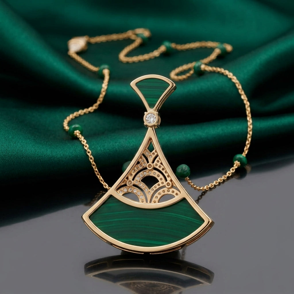Gold-Tone Malachite Fan Pendant Necklace