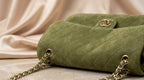 CHANEL Olive Green Quilted Suede Flap Bag with Woven Chain Strap
