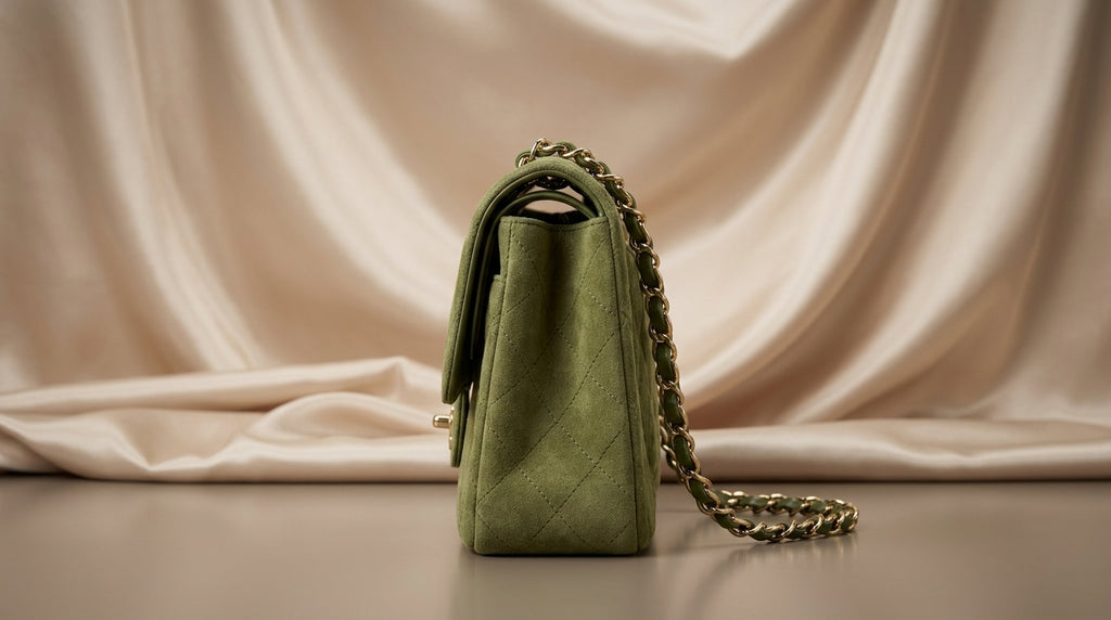 CHANEL Olive Green Quilted Suede Flap Bag with Woven Chain Strap
