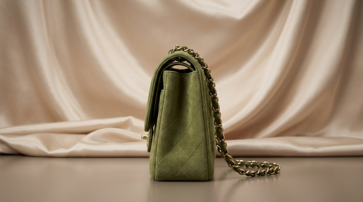 CHANEL Olive Green Quilted Suede Flap Bag with Woven Chain Strap