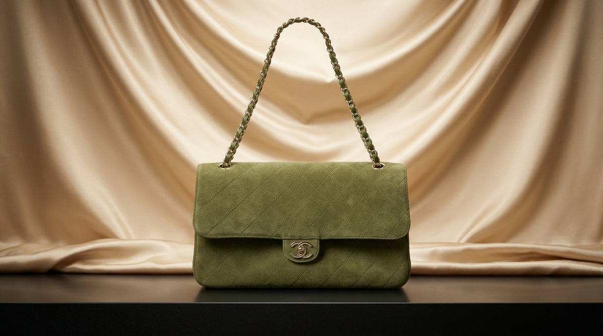 CHANEL Olive Green Quilted Suede Flap Bag with Woven Chain Strap
