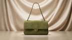 CHANEL Olive Green Quilted Suede Flap Bag with Woven Chain Strap