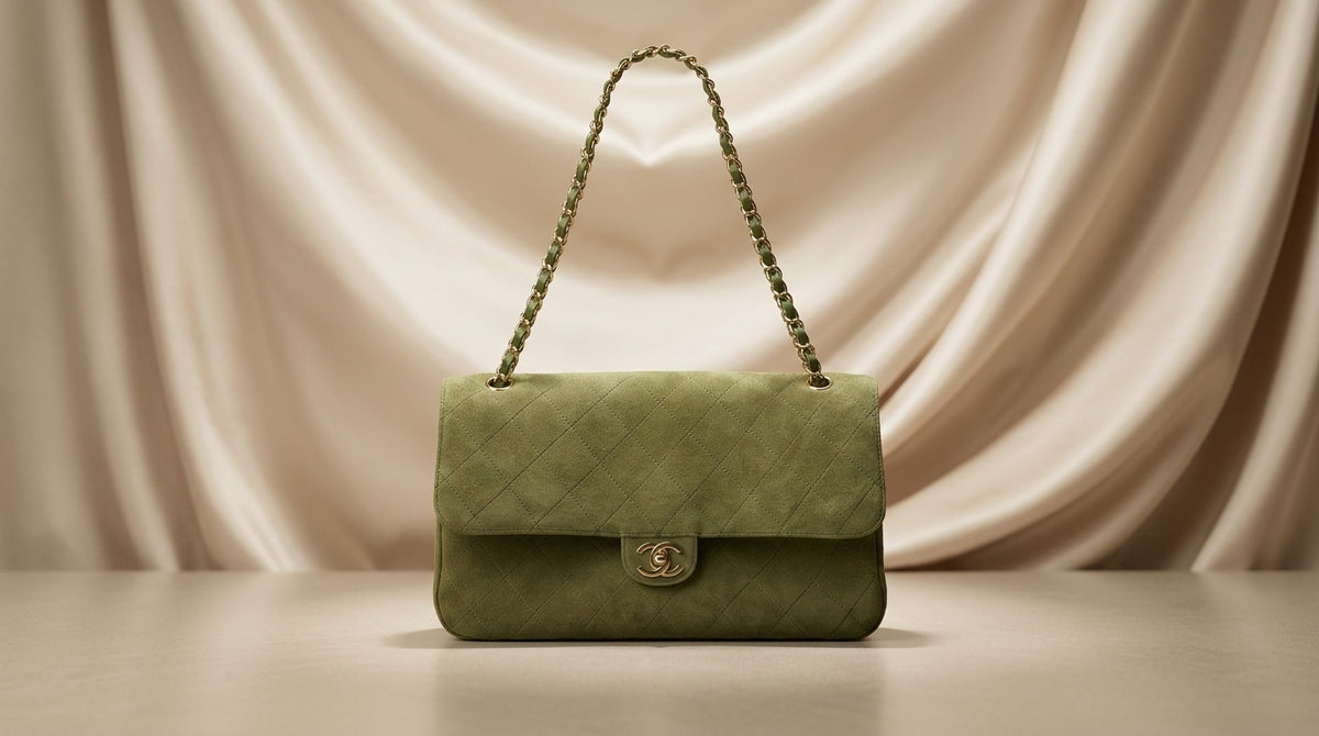 CHANEL Olive Green Quilted Suede Flap Bag with Woven Chain Strap