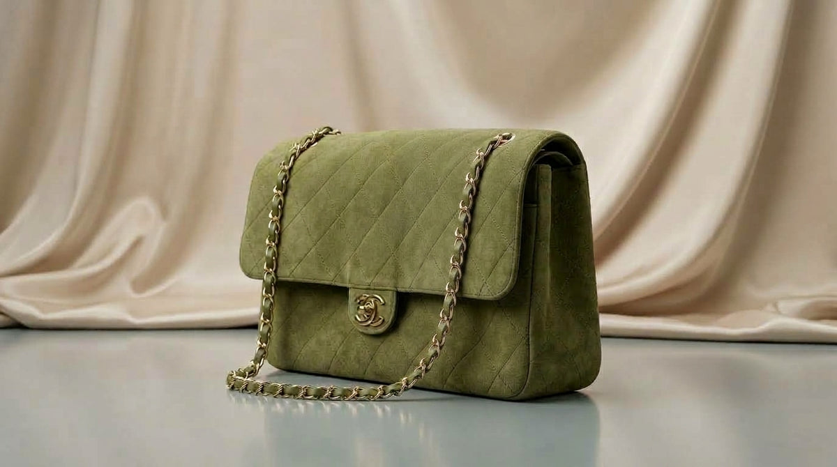 CHANEL Olive Green Quilted Suede Flap Bag with Woven Chain Strap