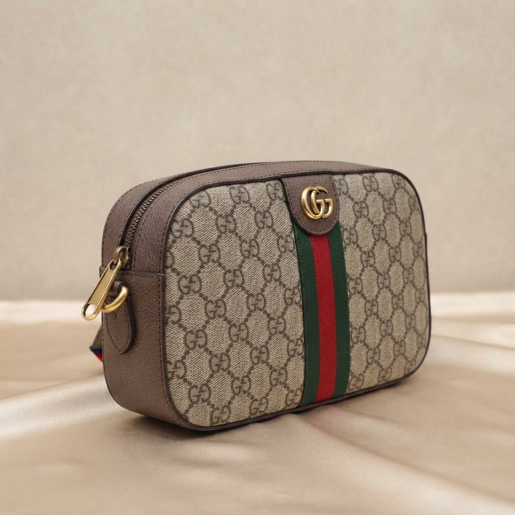 Gucci Ophidia GG Crossbody Bag | Beige Monogram Canvas with Web Stripe & Gold Hardware –| LisaLuxuryHub