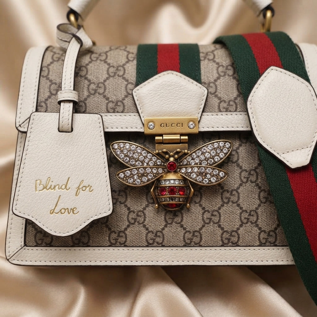 Gucci Queen Margaret GG Bee Bag | Beige Monogram with Crystal Bee & "Blind for Love" Detail –| LisaLuxuryHub