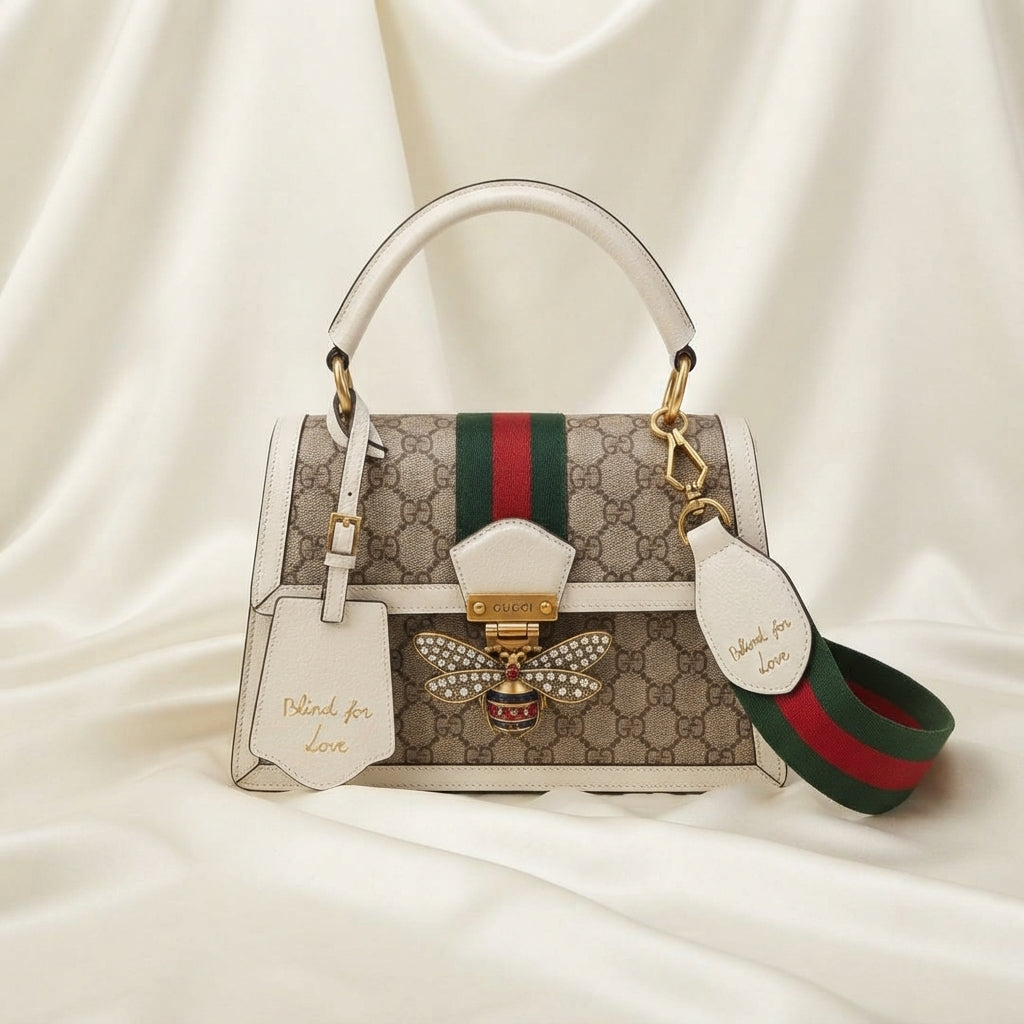 Gucci Queen Margaret GG Bee Bag | Beige Monogram with Crystal Bee & "Blind for Love" Detail –| LisaLuxuryHub