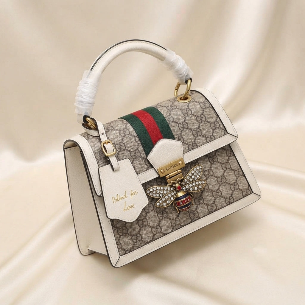 Gucci Queen Margaret GG Bee Bag | Beige Monogram with Crystal Bee & "Blind for Love" Detail –| LisaLuxuryHub