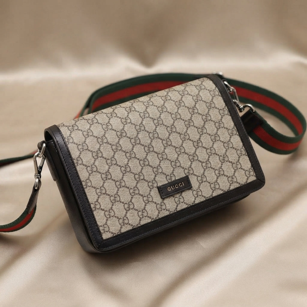 Gucci GG Supreme Crossbody Bag | Beige Monogram with Web Stripe Strap & Silver Hardware – LisaLuxuryHub