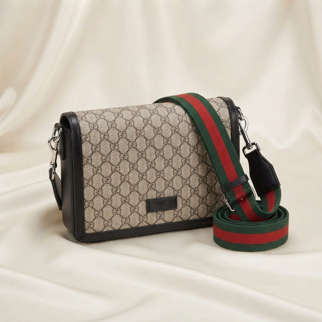 Gucci GG Supreme Crossbody Bag | Beige Monogram with Web Stripe Strap & Silver Hardware – LisaLuxuryHub