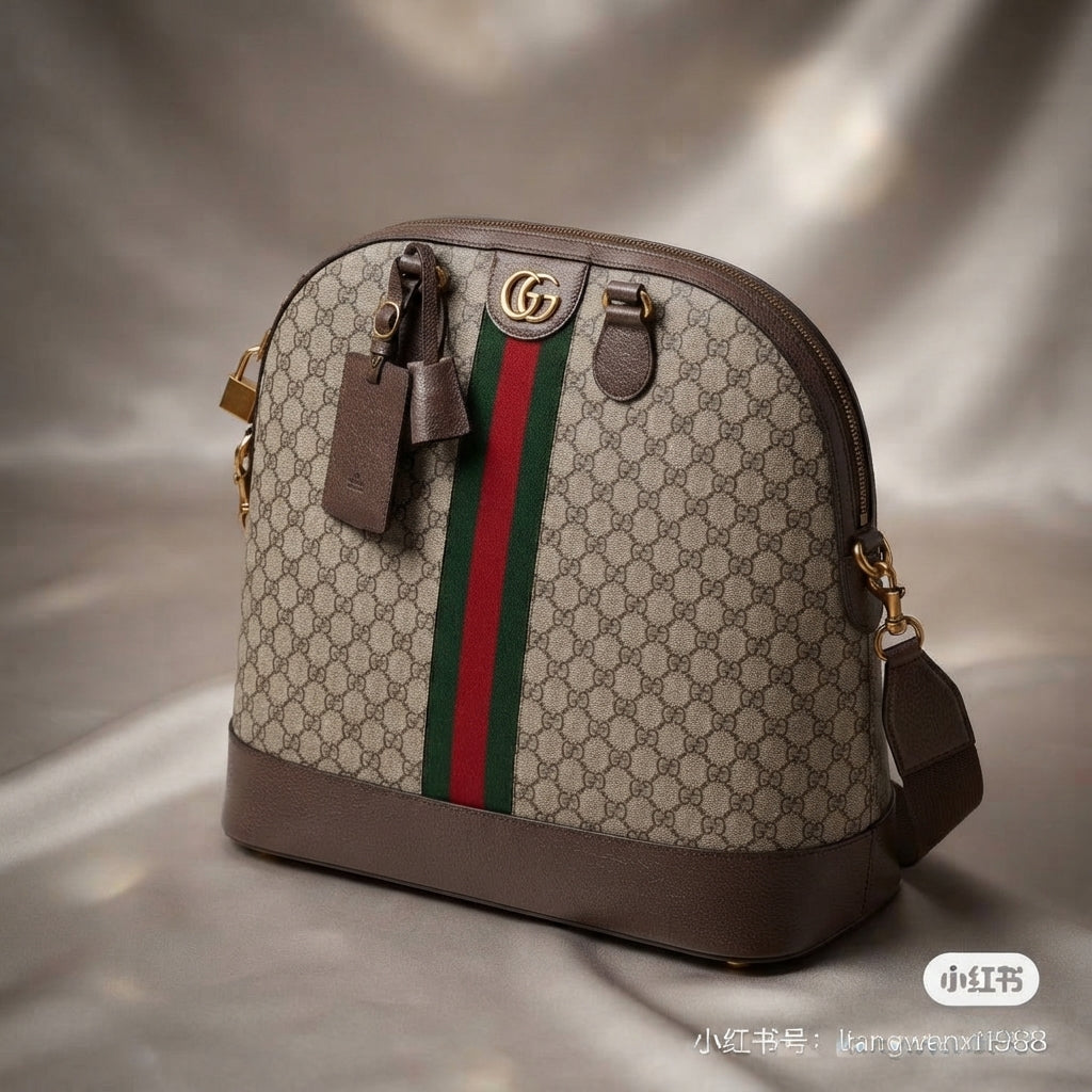 Gucci Ophidia GG Dome Bag | Beige Monogram Canvas with Web Stripe & Gold Hardware –| LisaLuxuryHub