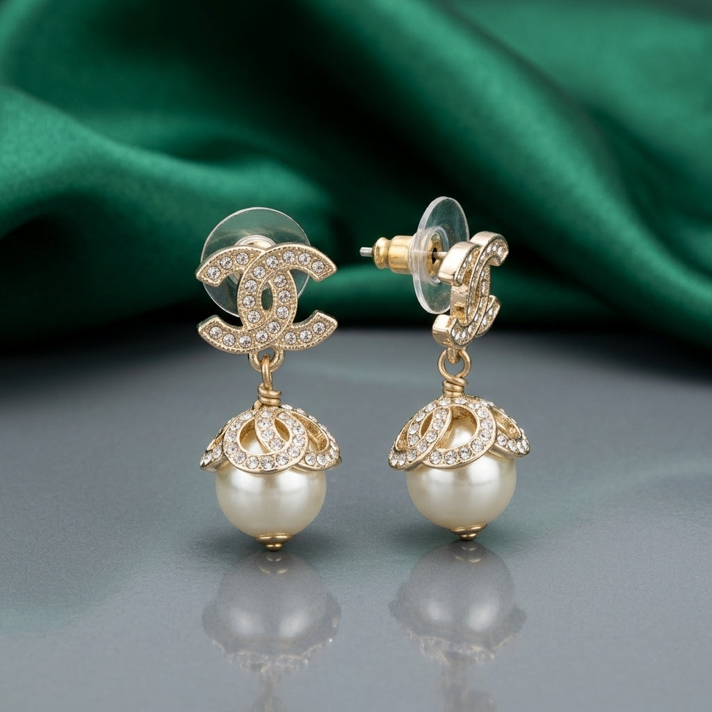 Chanel CC Logo Pearl Drop Earrings