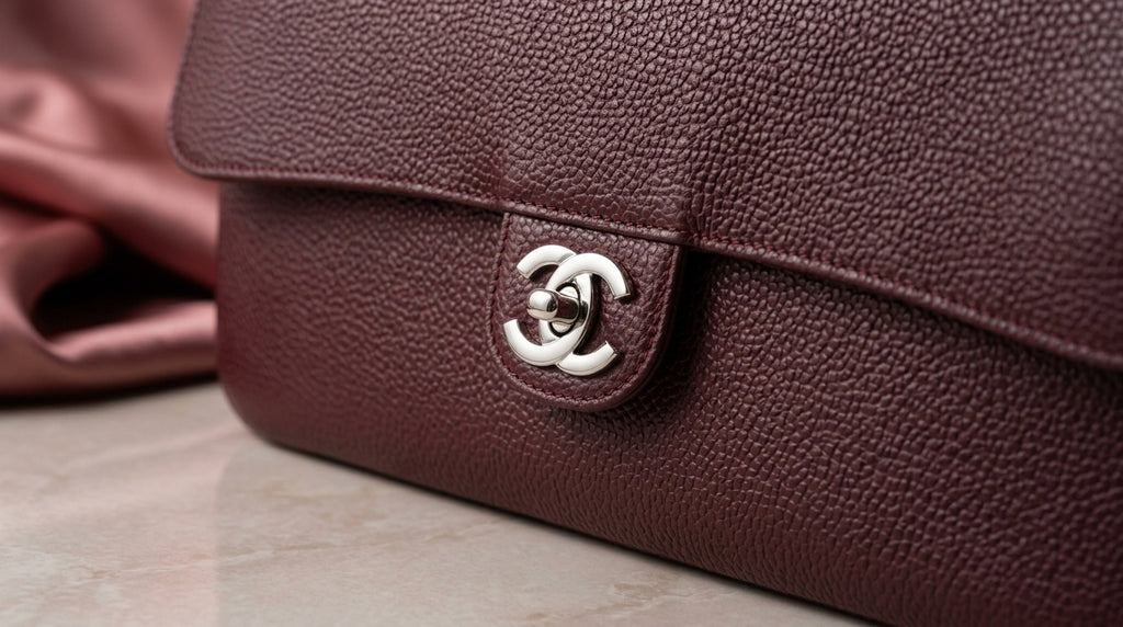 CHANEL Burgundy Pebbled Leather Flap Bag with Silver Twist-Lock