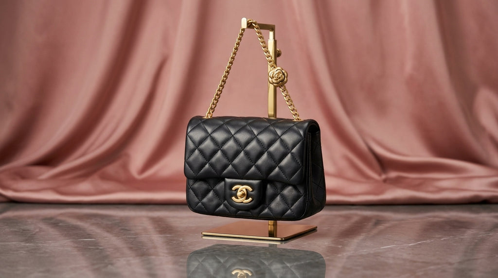 CHANEL Black Quilted Leather Mini Flap Bag with Gold Rosette Chain