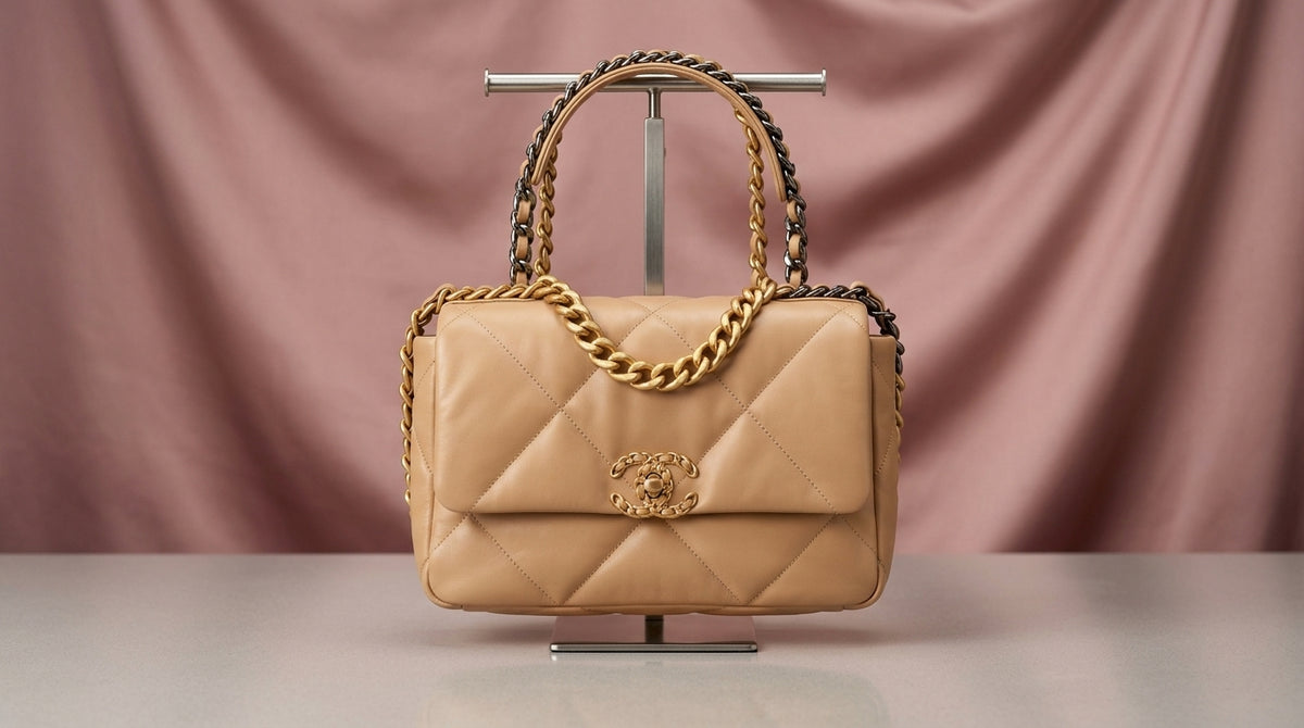 CHANEL Tan Puffy Quilted Leather Bag with Two-Tone Chain Handle