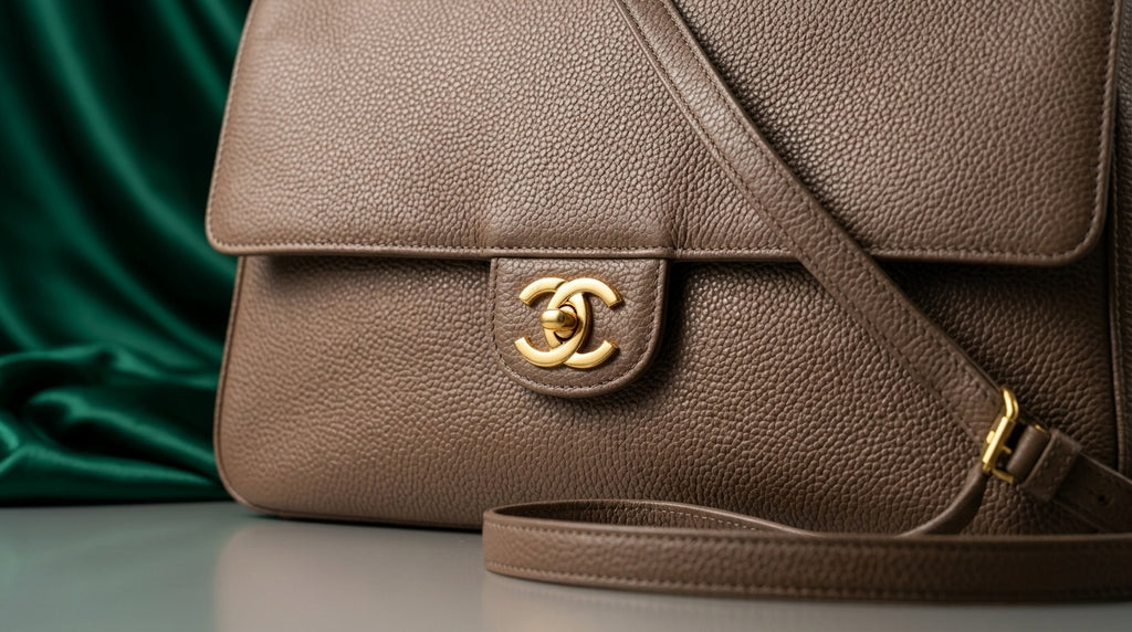 CHANEL Taupe Pebbled Leather Flap Bag with Gold Twist-Lock