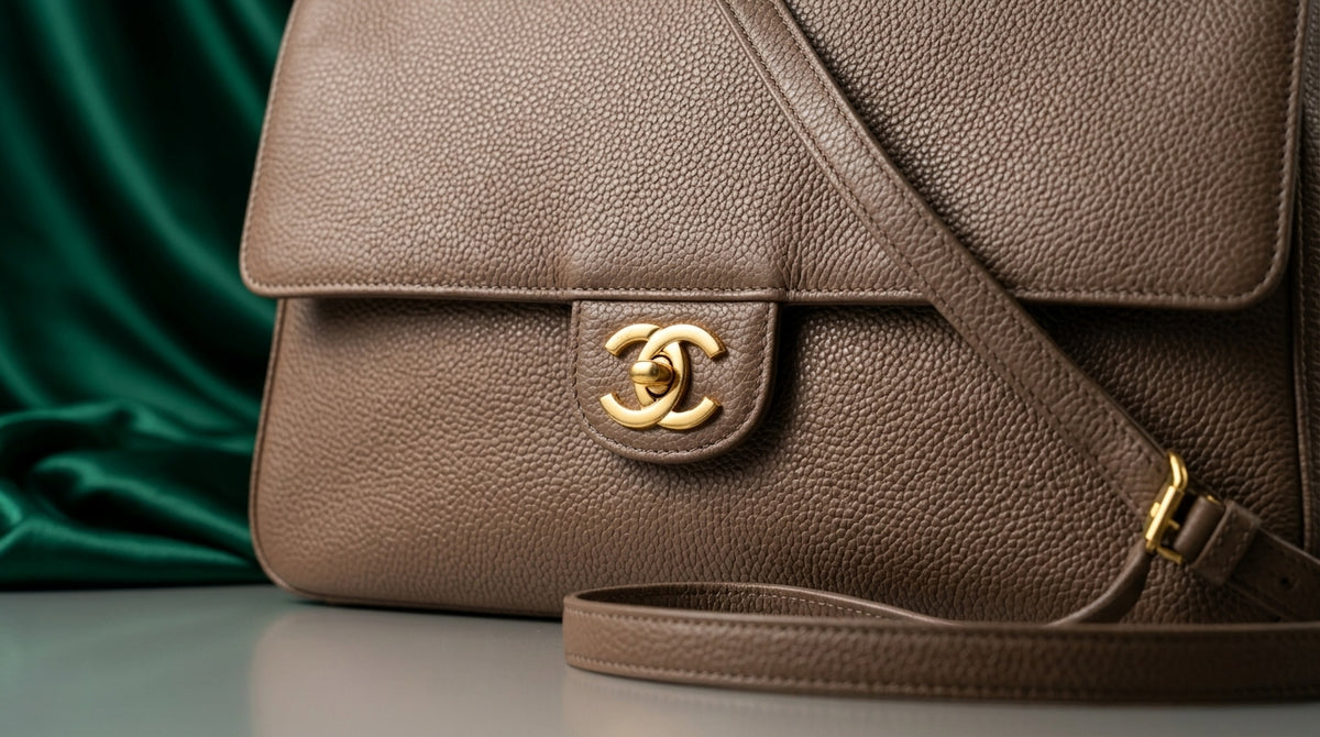 CHANEL Taupe Pebbled Leather Flap Bag with Gold Twist-Lock
