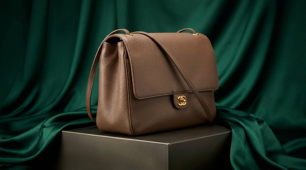 CHANEL Taupe Pebbled Leather Flap Bag with Gold Twist-Lock