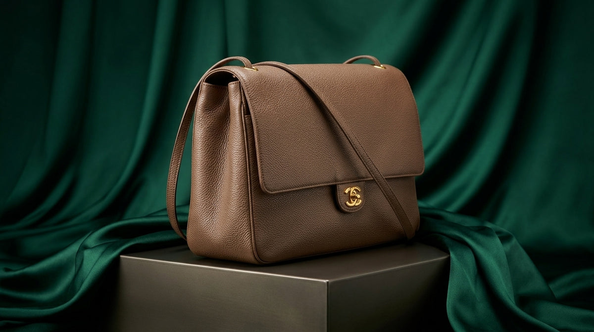 CHANEL Taupe Pebbled Leather Flap Bag with Gold Twist-Lock