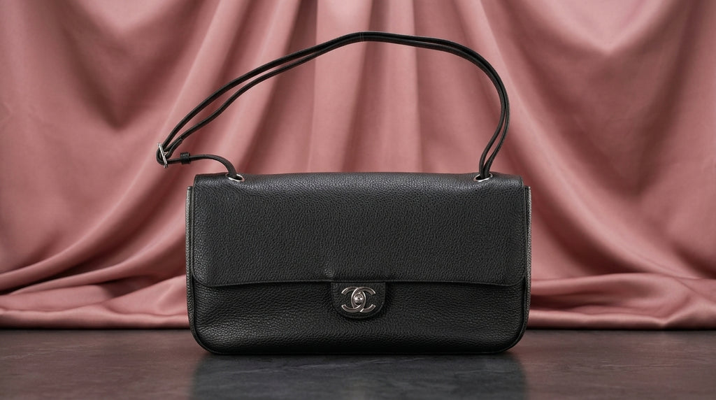 CHANEL Black Pebbled Leather Flap Bag with Turn-Lock Closure