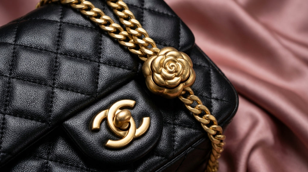 CHANEL Black Quilted Leather Mini Flap Bag with Gold Rosette Chain