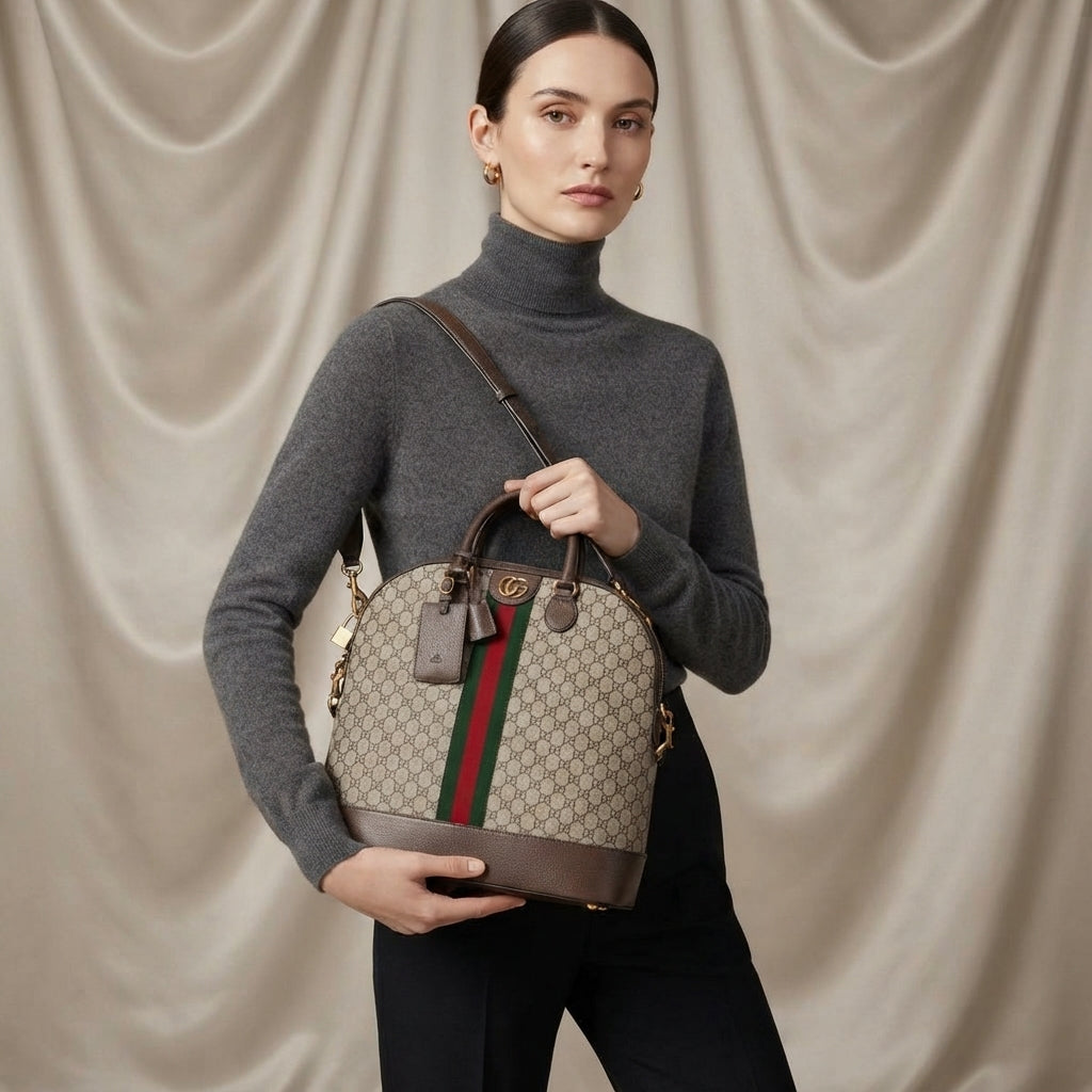 Gucci Ophidia GG Dome Bag | Beige Monogram Canvas with Web Stripe & Gold Hardware –| LisaLuxuryHub