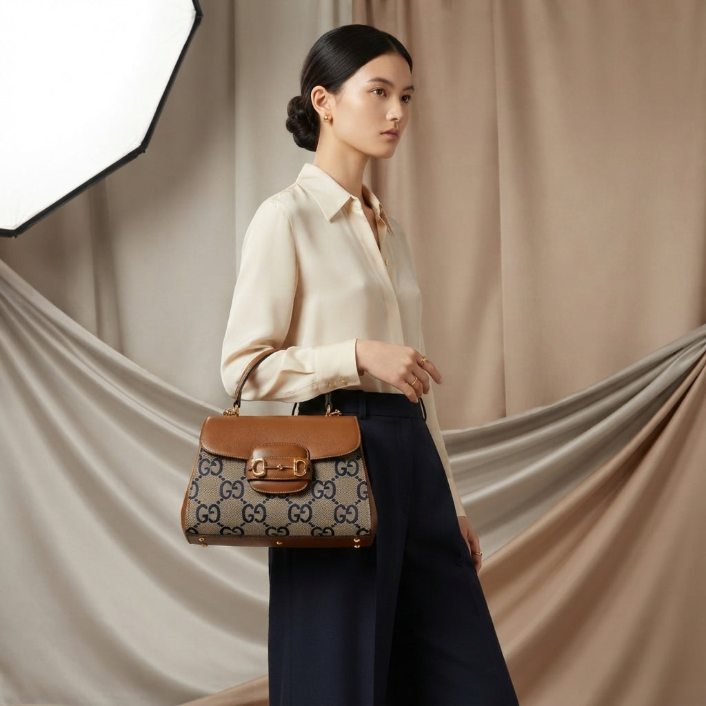 Gucci Horsebit 1955 Bag | Tan Leather & GG Jacquard Canvas with Gold Hardware –| LisaLuxuryHub