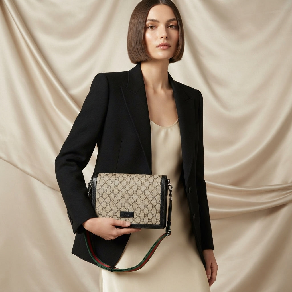 Gucci GG Supreme Crossbody Bag | Beige Monogram with Web Stripe Strap & Silver Hardware – LisaLuxuryHub