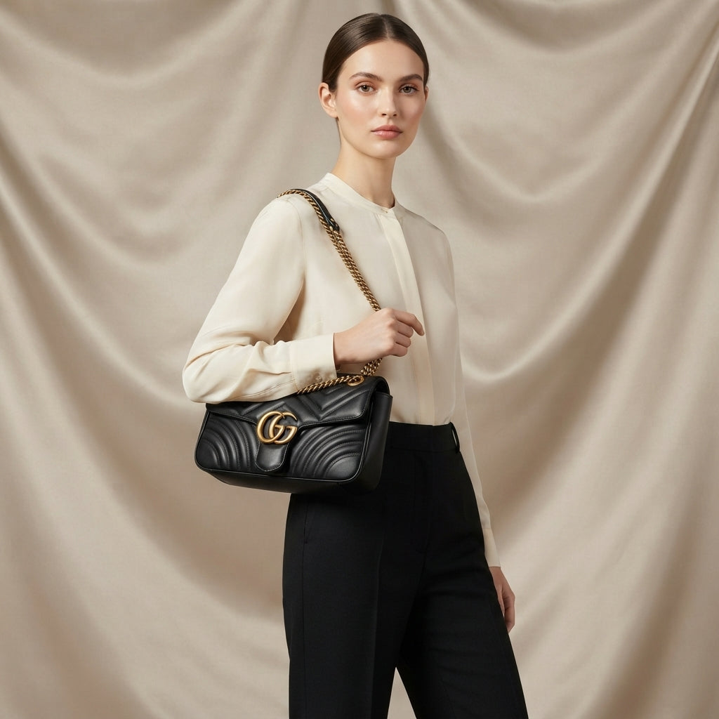 Gucci GG Marmont Shoulder Bag | Black Matelassé Leather with Gold Double-G Hardware –| LisaLuxuryHub