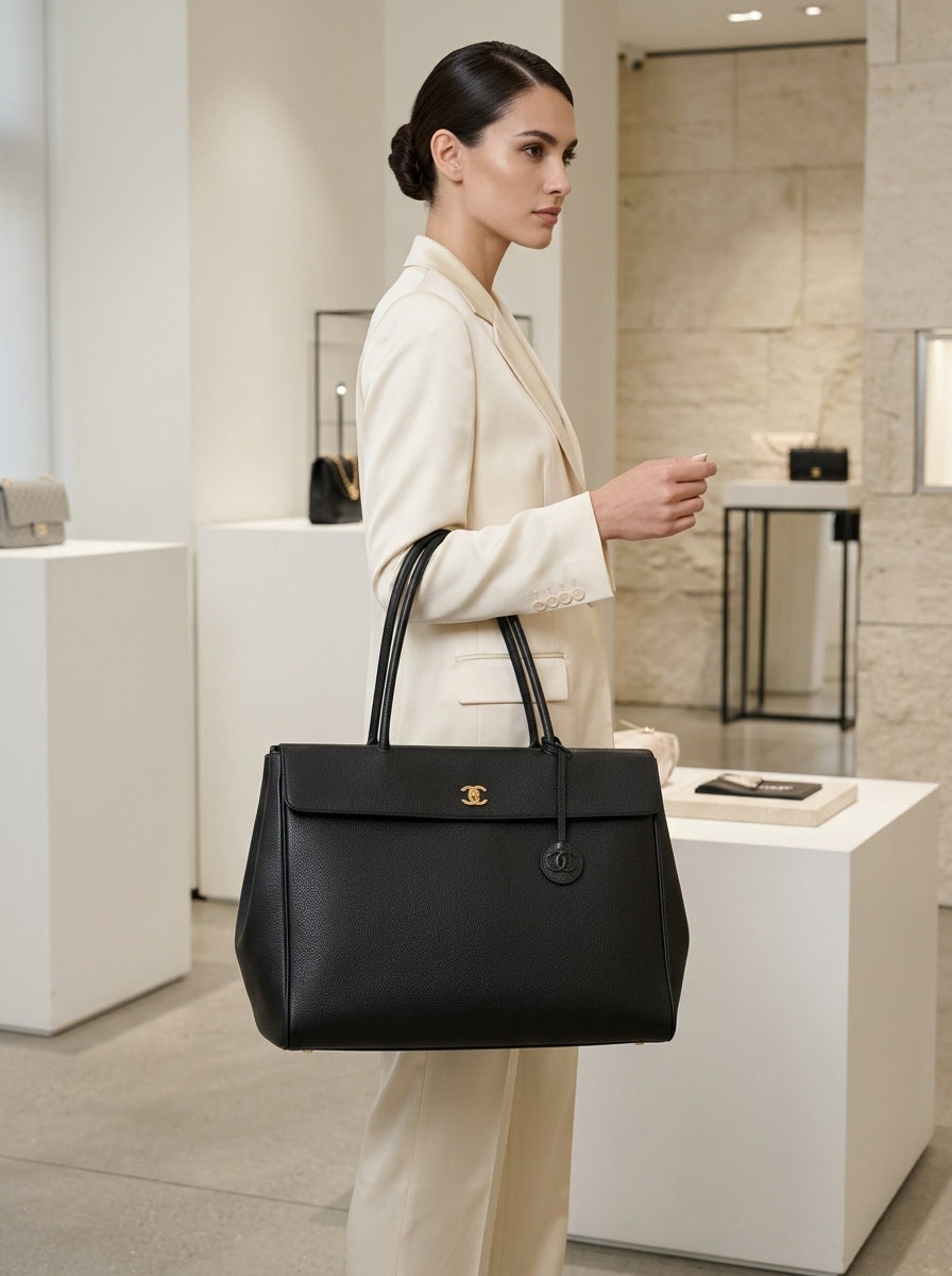 Chanel Large Tote Bag | Black Grained Leather with Gold CC Charm & Tassel –| LisaLuxuryHub