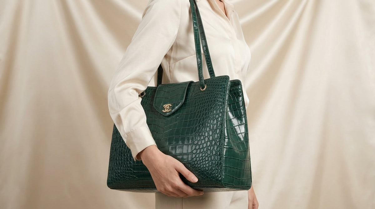 Chanel Croc-Embossed Tote Bag | Emerald Green Leather with Gold CC Hardware –| LisaLuxuryHub