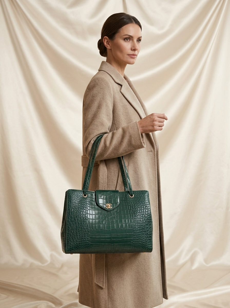Chanel Croc-Embossed Tote Bag | Emerald Green Leather with Gold CC Hardware –| LisaLuxuryHub