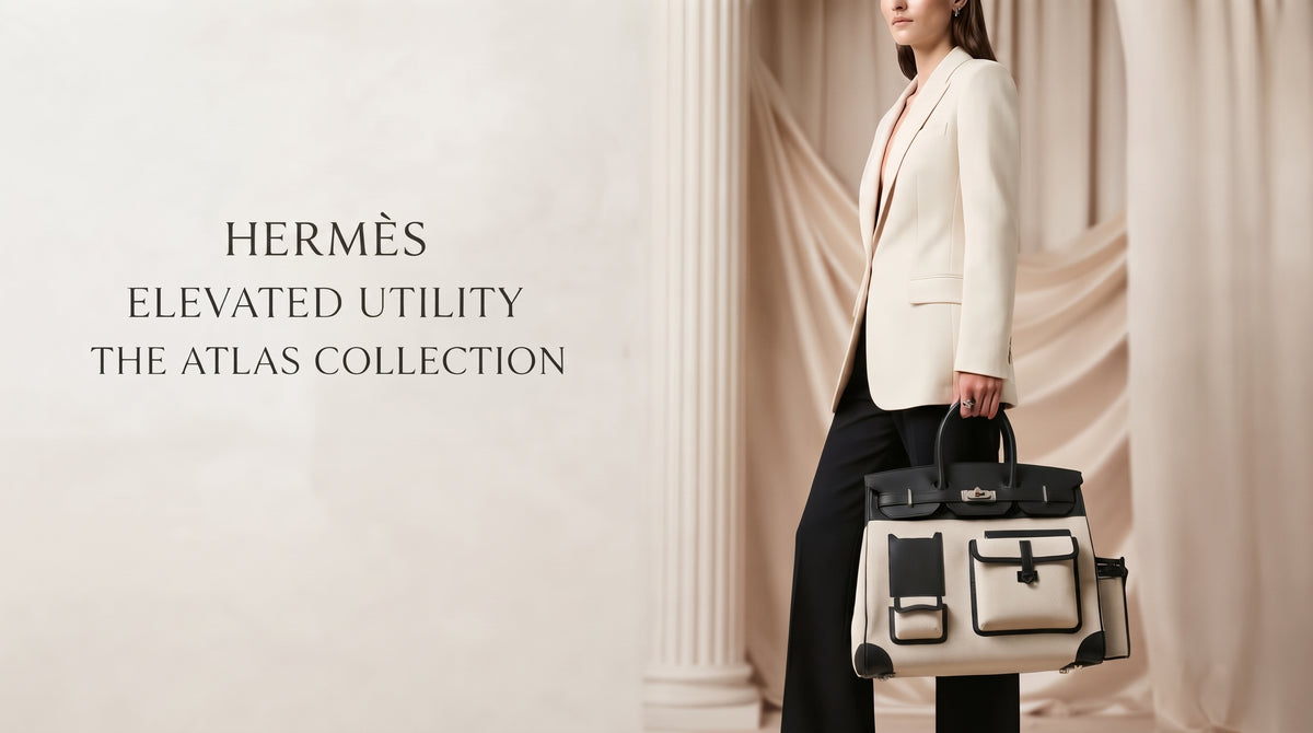 A woman in a cream blazer and black trousers holds a Hermès Elevated Utility The Atlas Collection handbag. The bag is cream with black leather trim and hardware, set against a background of draped beige curtains and columns.