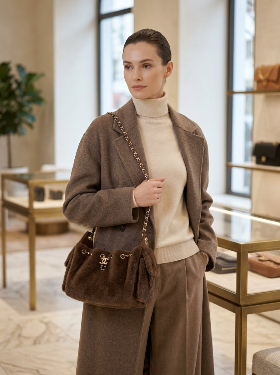 Chanel Fur Shoulder Bag | Taupe Plush Fur with Gold CC Charm & Chain Strap–| LisaLuxuryHub