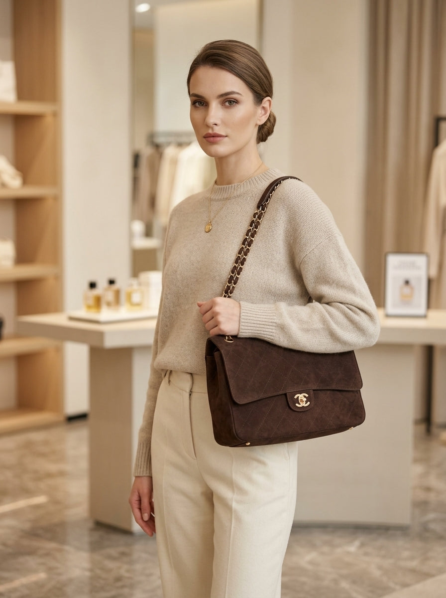 Chanel Medium Flap Bag | Brown Quilted Suede with Gold Chain – LisaLuxuryHub