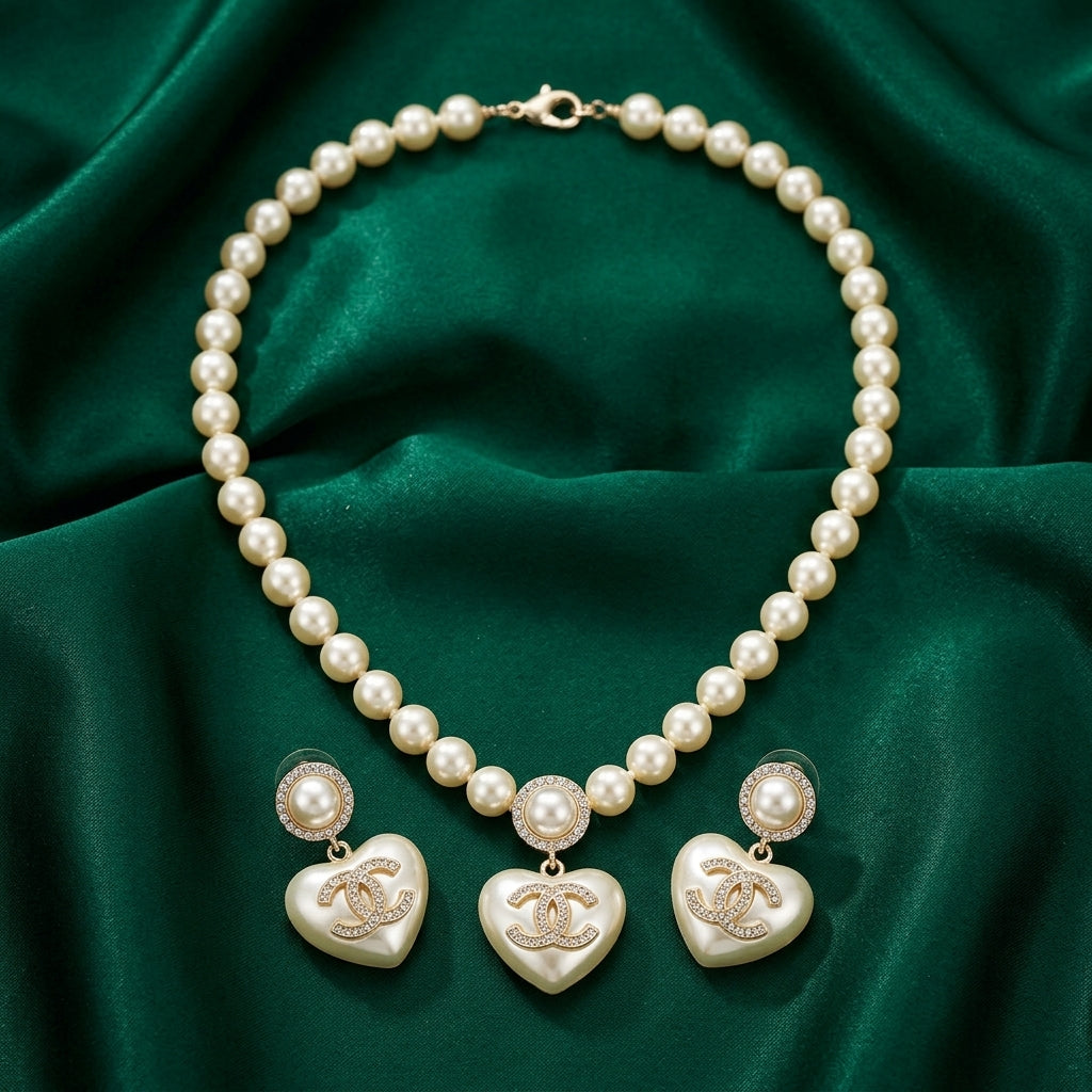 Chanel Pearl Heart CC Logo Necklace &amp; Earrings Set