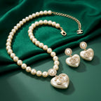 Chanel Pearl Heart CC Logo Necklace &amp; Earrings Set
