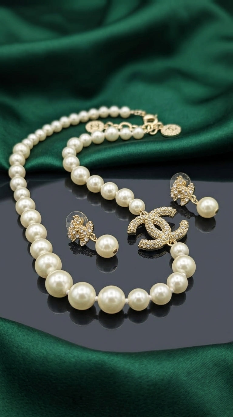 Chanel Pearl Necklace &amp; CC Logo Earrings Set